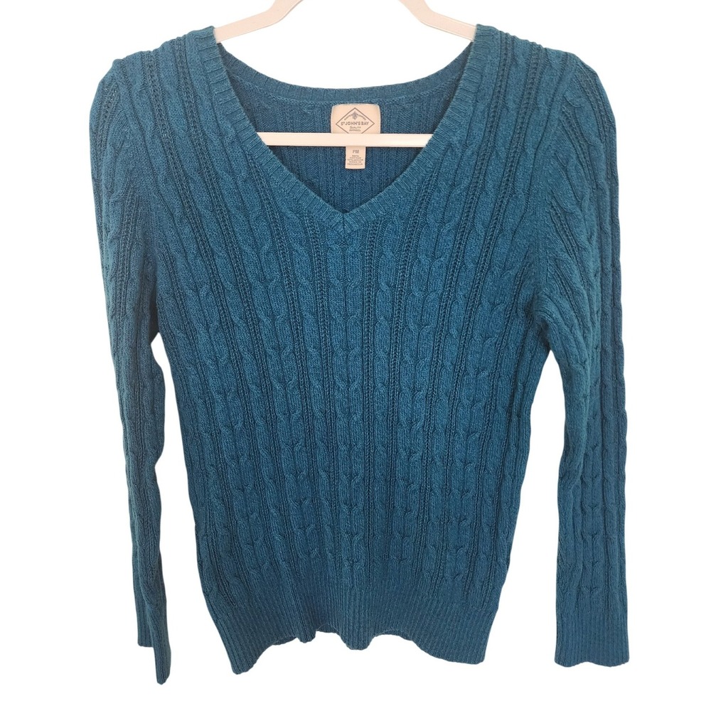 St. John's Bay Womens PM Teal Blue Cable Knit V-Neck Sweater Long Sleeve Cotton